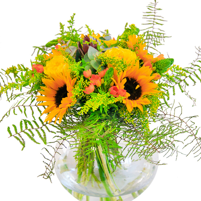 From the first glance, this stunning floral display evokes Motspur Park's sunniest days, capturing the exuberance of summer in a hand-crafted arrangement. Vividly golden sunflowers and yellow garden roses bloom together, each petal arranged with care to highlight their radiant hues and velvety textures. The roses, unfurling in tight spirals, bring an air of sophistication, while the sunflowers' cheerful faces conjure the optimism of a clear morning over Beverley Park. Glossy red Hypericum berries punctuate the bouquet, their surfaces catching the light and providing playful contrast amid lush greenery. Long, feathery ferns cascade down and around, suggesting the gentle movement of wind through Motspur's open spaces. Filler sprigs, perhaps goldenrod's tiny yellow stars, brush against rounded eucalyptus, their subtle blue-green tones cooling the warm palette. All elements are artfully gathered in a perfectly round glass vase, its crystal clarity revealing every graceful stem and a shimmer of fresh water, bringing a sense of calm to the vibrant display. Pausing to inhale, you might imagine the faint, sweet mix of rose and green-a fragrance lifted from local gardens in full bloom. This bouquet is a joyful accompaniment to any celebration, thoughtfully created by hands familiar with Motspur Park's flowers and traditions, making it an ideal gift or centerpiece for life's most luminous milestones.