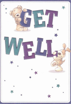 Upon first glance, this get well card draws one in with a sense of soft cheer-the kind found in close-knit corners of Motspur Park, where kindness blooms through gestures big and small. The artwork depicts a sweet bear perched atop the word 'GET,' its plush, honey-coloured fur and rounded features radiating gentle optimism. Below, a sprightly puppy snuggles against the word 'WELL' in a pose of affectionate companionship, floppy ears framing an animated, hopeful face. The large, playful typography in jewel tones of purple and teal stands boldly against a bright, inviting background, reminiscent of a hand-tied bouquet resting upon a sunlit windowsill on Claremont Avenue. Constellations of starbursts in sapphire and lavender hover around the scene, infusing each corner with whispered wishes for brighter days ahead. Every detail-from the expressive eyes of the friends to the brushwork evoking softness and comfort-conveys genuine warmth, as if thoughtfully curated by a caring Motspur Park florist. This card carries the spirit of recovery and togetherness; it's an illustrated uplift, best complemented by a vase of fresh, fragrant blooms delivered with care to local homes, schools, or neighbours in need of encouragement.